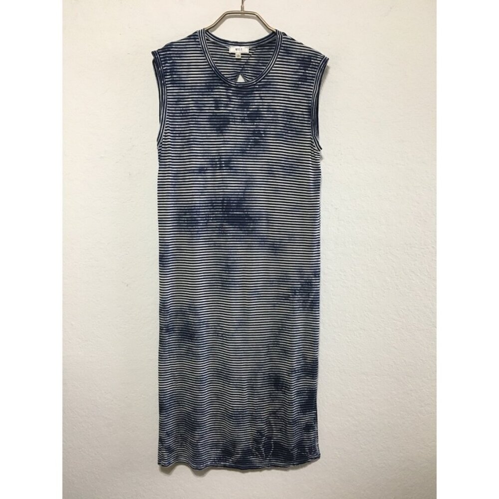 NYTT Womens Small Sleeveless Striped Below Knee Dress Stretch Lightweight Blue